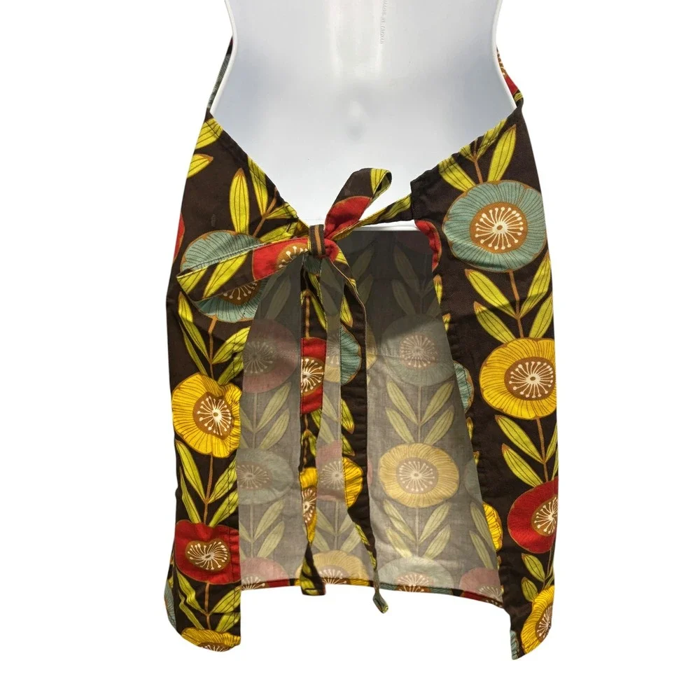 Now Designs Retro Floral Cotton Chef Apron Brown Red Yellow Blue MCM Pocket